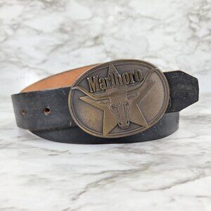 Vintage Marlboro Brass Belt Buckle with Handmade Leather Belt 1987